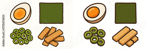 Delicious Asian food ingredients for a flavorful ramen soup, featuring a perfectly boiled egg, fresh seaweed, vibrant scallions, and crispy fried tofu pieces