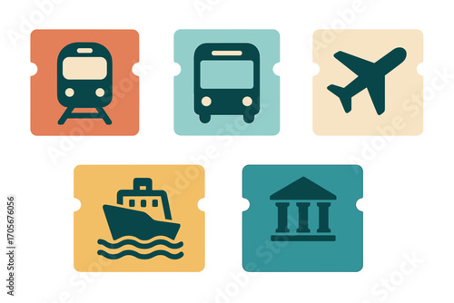 Public transportation and travel symbols with train, bus, airplane, ship, and bank on colorful tickets