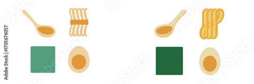 Stylized Asian noodle soup ingredients featuring a spoon with broth, wavy noodles, a boiled egg, and a green seaweed square
