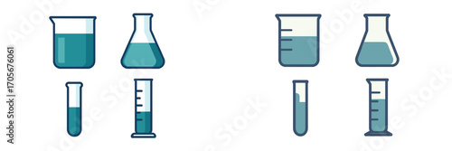 Science laboratory equipment set with various beakers, flasks, test tubes, and graduated cylinders filled with liquid