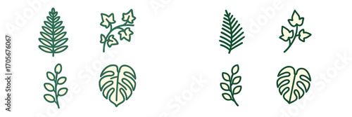 Botanical collection of diverse green plant leaves and foliage elements including fern, ivy, and monstera on a clean white background