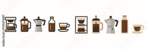 Coffee brewing equipment and prepared beverages like drip, French press, Moka pot, and pour-over