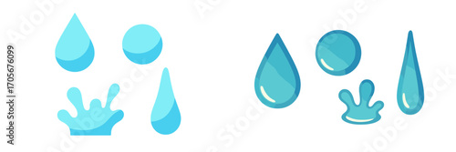 A set of various blue water droplets, liquid splashes, and round bubbles with different styles, representing freshness and purity