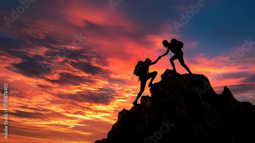 Wallpaper Mural Climbing to Success A Silhouette of Support Against a Fiery Sunset Sky Torontodigital.ca