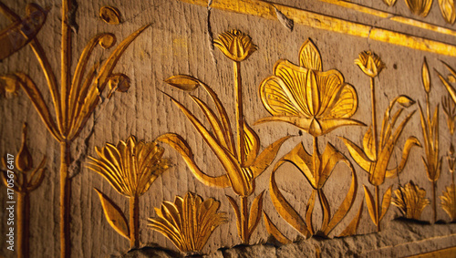 Slika na platnu Ancient Egyptian lotus background with golden hieroglyphic floral carvings on st