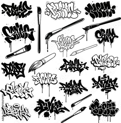 Create a kinds of deferent set of black graffiti brushes to accentuate your designs vector art with white background..