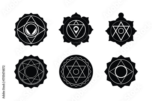 chakra bundle set linocut style silhouette vector illustration on white background