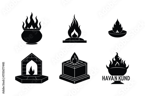 havan kund bundle set linocut style silhouette vector illustration on white background