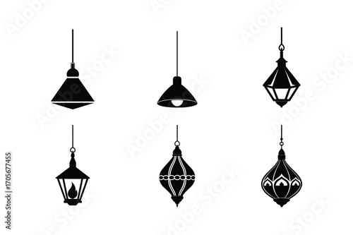 hanging lamp bundle set linocut style silhouette vector illustration on white background