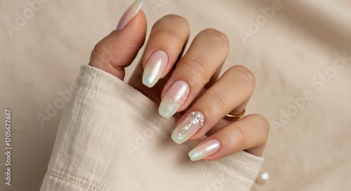 Elegant female hand with a beautiful pearlescent manicure and subtle crystal nail art