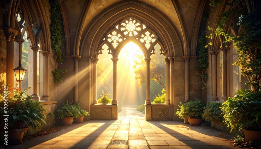 Fototapeta premium A sun-drenched walkway within a beautiful, ancient stone archway, showcasing intricate details and lush greenery.