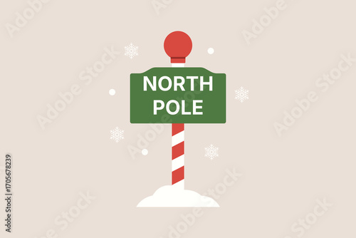 North Pole signpost with red and white striped pole, green sign, snow and falling snowflakes on beige background, festive Christmas landmark. Flat vector illustration