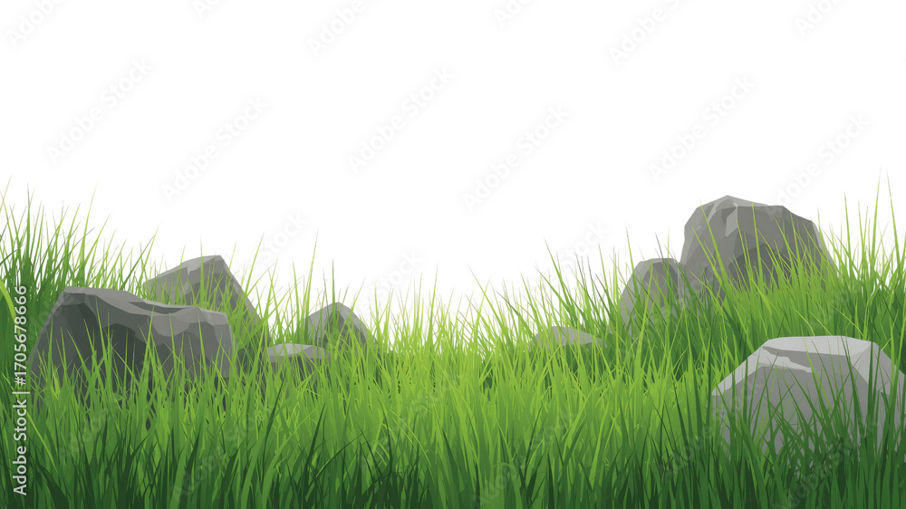 Lush Green Grass with Grey Rocks - Nature Background Illustration