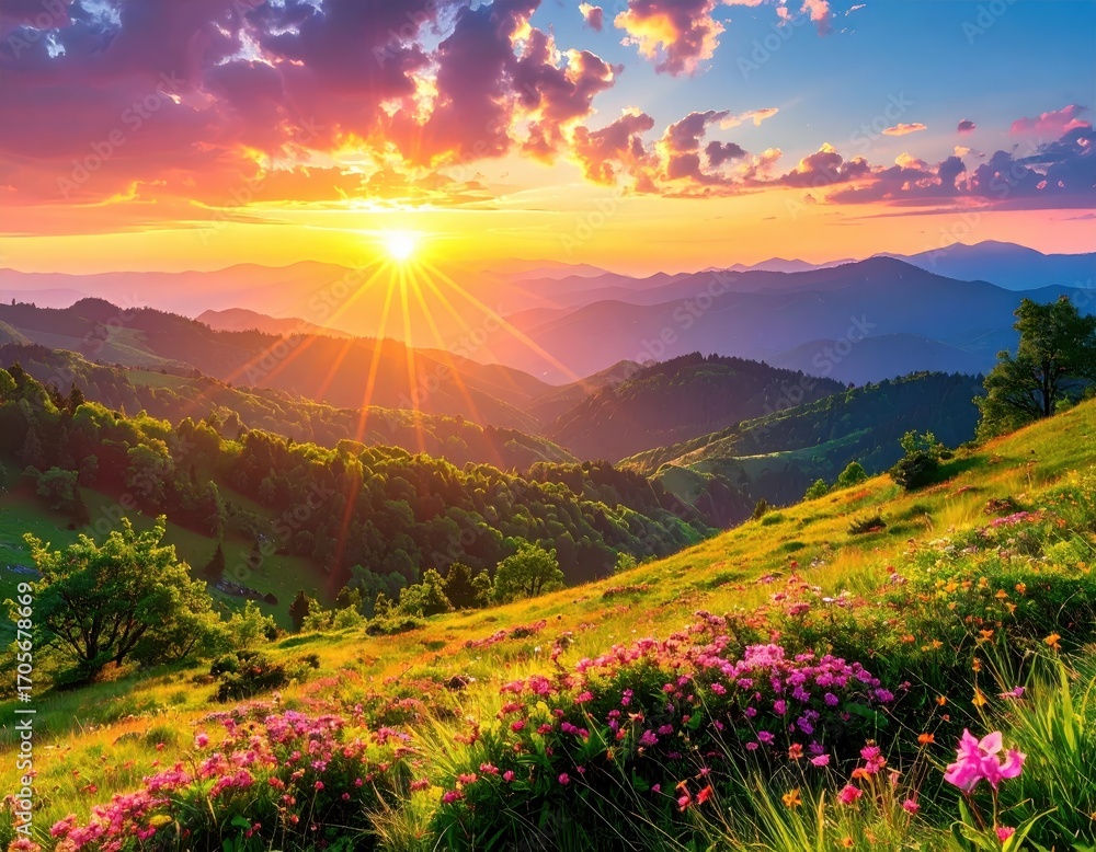 Obraz premium A breathtaking mountain vista at sunrise, showcasing vibrant wildflowers and lush greenery, bathed in the warm golden light of a magnificent sunset.