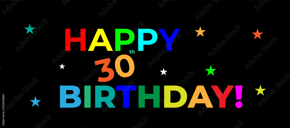 Fototapeta premium Bold 30th Birthday Greeting Image with Colorful Stars on Black Background