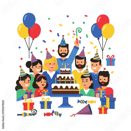 Birthday Celebration Cake, Gifts, Balloons, and Party Accessories