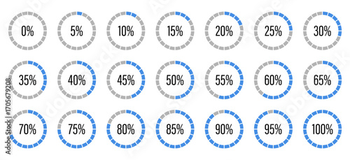 Blue and gray colored progress bar. Template of blue and gray color fill pie chart indicators. Set of round graph loading progress. Circle diagrams icons for infographics from 0 to 100 percent. Round 