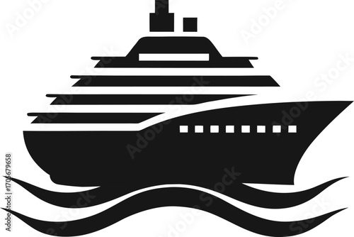 Cruise Ship Vector Icon on Waves, Boat Vector Icon for Marine Transport, Luxury Yacht Silhouette Vector Illustration