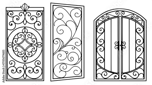 Decorative doors inspired by baroque metalwork, pure black outlines on white.
