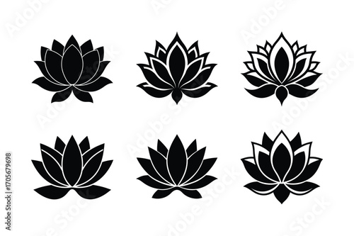 lotus flower bundle set linocut style silhouette vector illustration on white background
