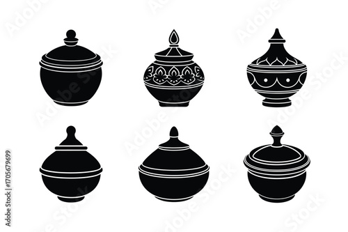 kumkum container bundle set linocut style silhouette vector illustration on white background