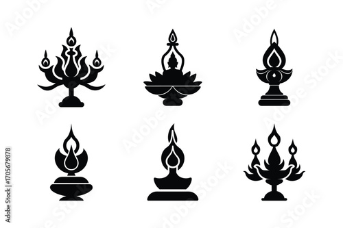 panchmukhi deepak bundle set linocut style silhouette vector illustration on white background