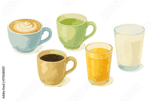 Variety of popular hot and cold beverages including coffee, latte, green tea, juice, and milk in different containers