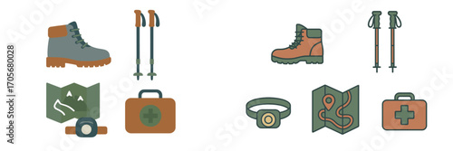 Essential outdoor adventure gear set with hiking boots, trekking poles, maps, headlamps, and first aid kits
