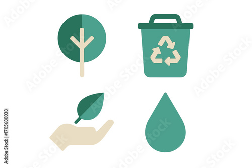 Environmental conservation and sustainability symbols with tree, recycling, leaf, and water droplet