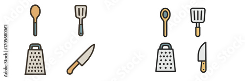 Assortment of essential kitchen cooking utensils and tools including spoon spatula grater and knife for food preparation