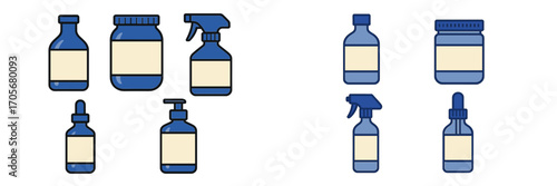 Assortment of blank blue bottles, jars, and spray dispensers for various liquid products and cosmetics