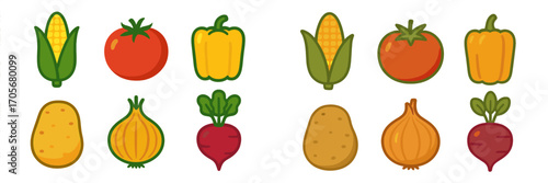 Assortment of fresh healthy organic vegetables including corn on the cob, ripe red tomatoes, yellow bell peppers, brown potatoes, golden onions, and vibrant red beetroots