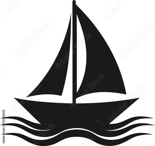 Sailboat Icon on Water, Sailing Boat on Waves, Sailboat at Sea – Nautical Icon Design, Sailing Vessel Silhouette over Water