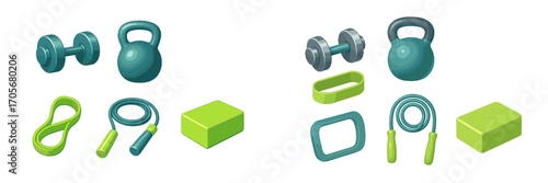 Collection of fitness equipment including dumbbells, kettlebells, resistance bands, jump ropes, and yoga blocks