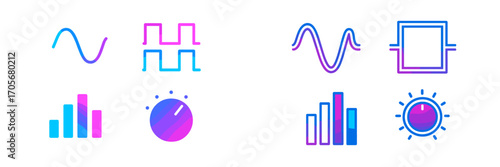Vibrant gradient audio signal waves and sound control interface icons for digital and web design