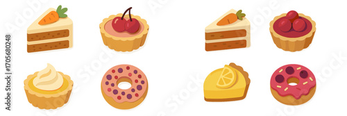 Delicious assortment of sweet pastries, cakes, tarts, and donuts with colorful toppings and creamy frosting