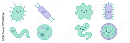 Diverse cartoon microorganisms with friendly smiling faces, representing various types of bacteria and germs