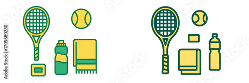 Sporting goods for tennis players featuring a yellow and green racket, ball, hydration bottle, and absorbent towel