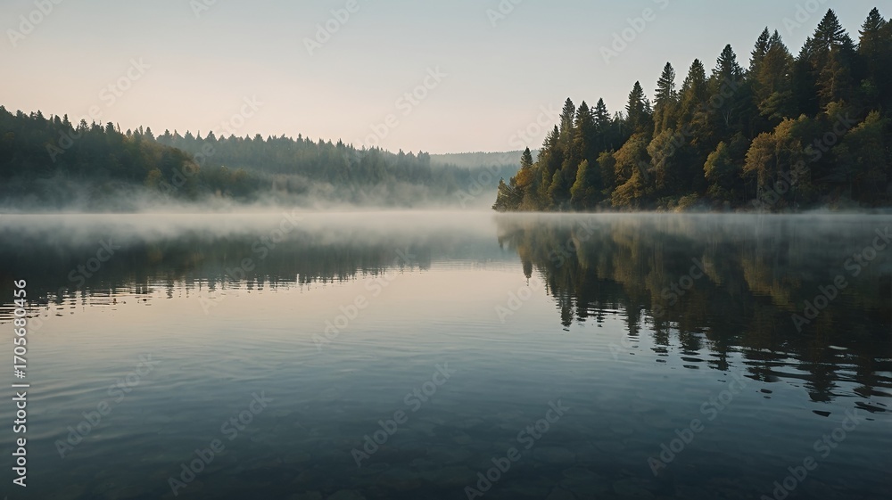Fototapeta premium Serene misty lake reflecting lush forest at sunrise creating a tranquil, breathtaking landscape