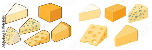 Assortment of delicious cheese types: soft brie, sharp cheddar, pungent blue, holey Swiss, and hard parmesan