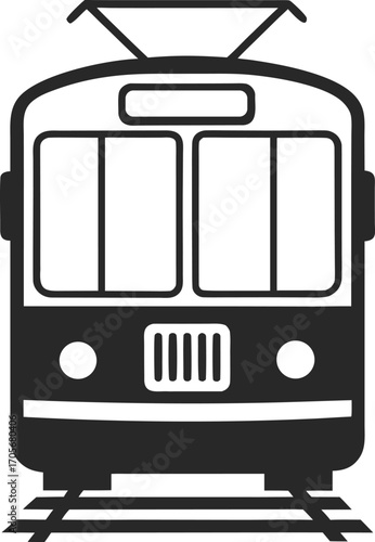 Vintage Tram Icon in Black and White, Electric Streetcar Front View Vector Illustration, Retro City Tram Vector Image, Electric Tramway Front Vector Art