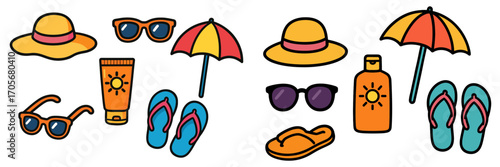 Summer beach vacation essentials set with hats, sunglasses, sunscreen, umbrellas, and flip-flops