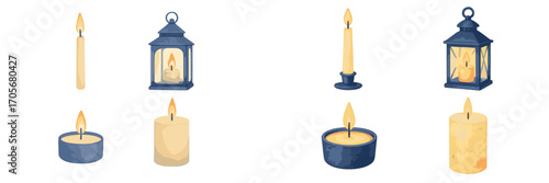 Collection of various lit candles including pillar, taper, and tea light designs with decorative lanterns providing a warm ambient glow