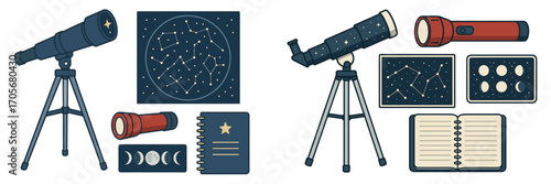 Essential astronomy gear including telescopes, flashlights, constellation charts, and moon phase diagrams
