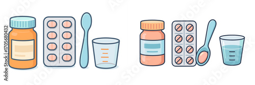 Various pharmaceutical items including pill bottles, blister packs, spoons, and measuring cups for health and wellness