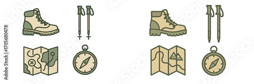 Outdoor adventure and hiking equipment including boots, trekking poles, maps, and compasses for exploration