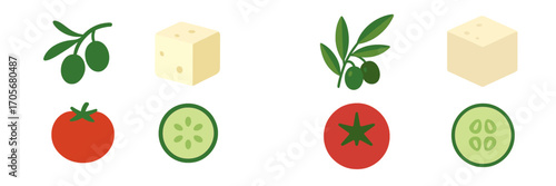 Healthy ingredients for a Greek salad with fresh olives, feta cheese, ripe tomatoes, and crisp cucumber slices