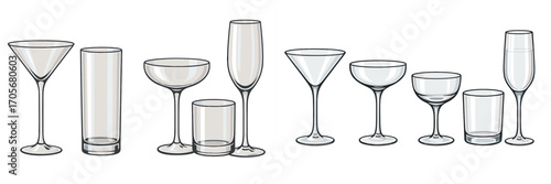 Assortment of empty barware and glassware for various beverages