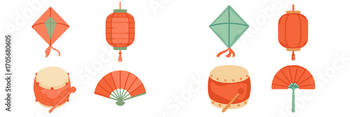 Traditional Asian cultural elements set with kites, lanterns, drums, and fans in a vibrant watercolor style for festive occasions