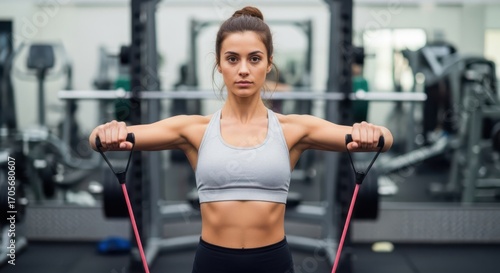 A fit young woman is performing an exercise with a resistance band in a